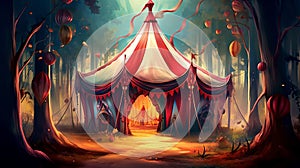 Magial colorful fairy tale circus tent. Generative AI. photo