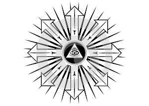 Ancient magical sigil, occult mystic symbol of chaos for witchcraft and black magic. Sacred Masonic all Seeing eye, the third eye photo