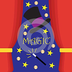 Magicianâs top hat and magic wand with stars, magic show concept