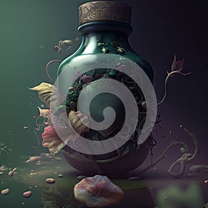 Magic abstract bottle entwined with flowers and roots standing on table, dark background. Spooky, mystique concept