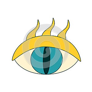 Magic abstract retro 1970 style eye icon. Vintage fantasy oval pupil eye with beams or flame lashes. Psychedelic trippy nostalgia
