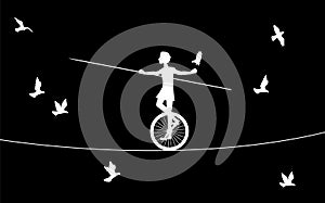 Magic acrobat, boy silhouette on uniwheel on the rope with flying pigeons, circus on the heavens,