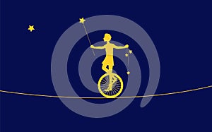 Magic acrobat, Peter Pan silhouette, boy on uniwheel on the rope with stars, circus on the heavens,