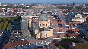 Magic aerial top view flight Summer City Munich Theatiner Church old town drone