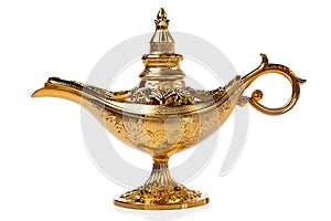 Magic Aladdin's Genie lamp isolated on white photo