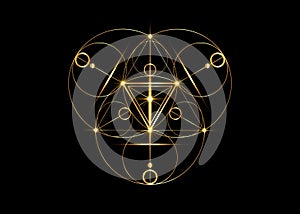 Magic Alchemy symbols, Sacred Geometry. Mandala religion, philosophy, spirituality, occultism concept. Golden triangle with lines