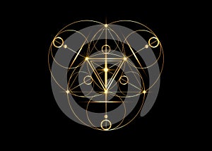 Magic Alchemy symbols, Sacred Geometry. Mandala religion, philosophy, spirituality, occultism concept. Golden triangle with lines photo