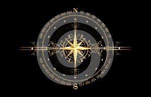 Magic ancient viking art deco, gold wind rose magic navigation compass ancient. The Vikings Compass navigation dial isolated
