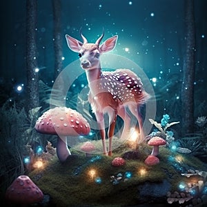 magic animal in the fantasy forest with mushrooms and glitter. beautiful forest with a fairy tale