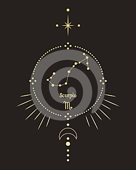 Magic astrology poster with scorpio constellation, tarot card. Golden design on a black background. Vertical illustration