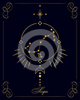 Magic astrology poster with scorpio constellation, tarot card. Golden design on a black background. Vertical illustration