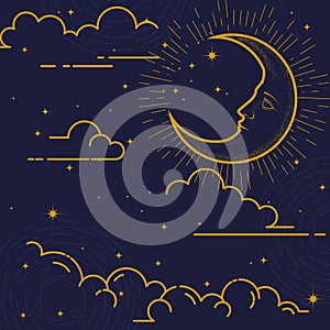Magic background with constellations, crescent, clouds and stars, mystical esoteric design of packaging, astrology moon