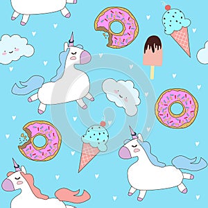 Vector pattern with cute unicorns, clouds, donuts and ice cream.