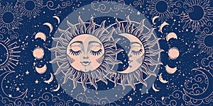 Magic background for tarot, astrology, magic. The device of the universe, crescent moon and sun with a face on a blue background.