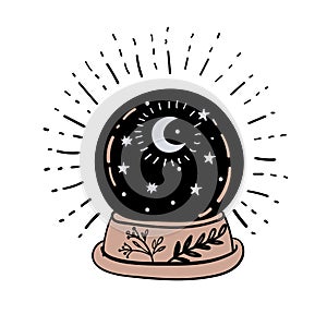 Magic ball for divination and foresight, magical boho tattoo design for witch, witchcraft for Halloween, astrology. Vector simple