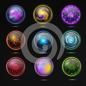 Magic ball. Energy sphere with plasma, glowing crystal orbs, spiritual glass globe occult prediction future with fantasy photo