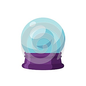 Magic ball flat vector illustration. Crystal sphere on stand, wizard attribute. Divination, fortune telling, sortilege