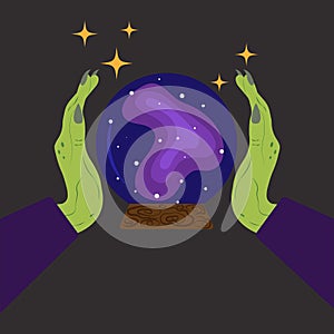 magic ball in the hands of a witch. Vector illustration on a black background. Concept for the day of all saints