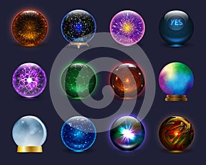 Magic ball vector magical crystal glass sphere and shiny lightning transparent orb as prediction soothsayer illustration