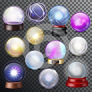 Magic ball vector magical crystal glass sphere and shiny lightning transparent orb as prediction soothsayer illustration