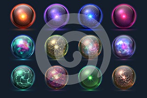 Magic balls. Energy mysterious orbs, magical crystal glass prediction paranormal sphere. Vector set