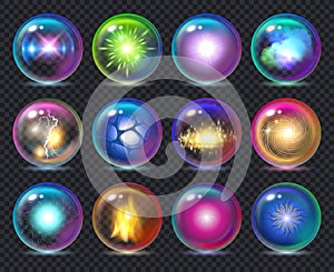 Magic balls. Magician nature effect in crystal transparent globe spheres with flame frozy flashes vector realistic