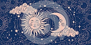 Magic banner for astrology, divination, magic. The device of the universe, crescent moon and sun with moon on a blue