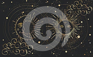 Magic banner for astrology, golden line on black background magic zodiac, tarot. crescent moon and sun and clouds.