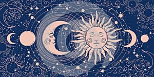 Magic banner for astrology, tarot, boho design. Universe art, crescent moon and sun on a blue background. Esoteric