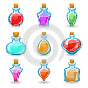 Magic beverages potions poisons icons set isolated cartoon design vector illustration