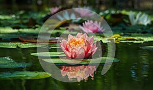 Magic big bright pink-orange water lily or lotus flower Perry`s Orange Sunset in pond. Nymphaea with water drops