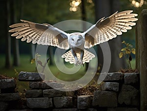 Magic bird barn Tito flying above stone fence in forest Wildlife scene Animal behaviour in wood