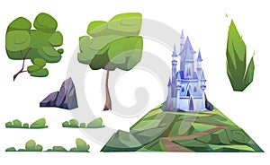 Magic blue castle and landscape elements
