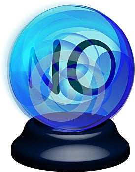 Magic blue crystal ball of glass on a stand with the answer NO inside. Vector shining plasma ball on transparent background,