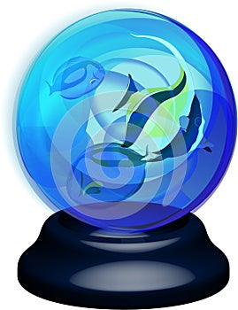 Magic blue crystal ball of glass on a stand with fish inside. Vector shining plasma ball on transparent background. Transparent