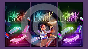 Magic book cartoon posters, girl in night library