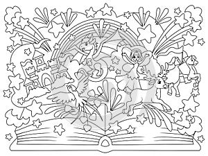 Magic book of fairy tales with fairy tale characters. Coloring book page. Animals cartoon. Coloring page outline of