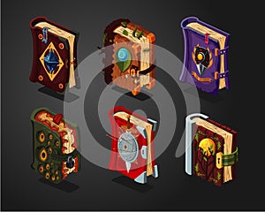 Magic book icons set on isolated background. Fantasy cartoon covers. Game design concept.