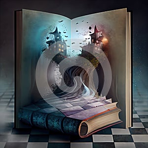 Generative AI: magic book with a landscape