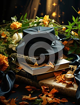 Magic book magic hat magic wand candle and the book of spells on dark background.