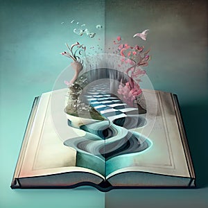 Generative AI: magic book with a landscape