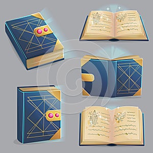 Magic book with spells in different positions.