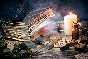 Magic book and witchery objects,  the practice of magic, enchantment, sorcery