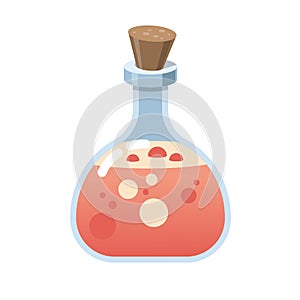 Magic bottle of glass. Alchemy love elixir in glass flask. Cork and pink potion, cartoon vector. Witchcraft pink potion