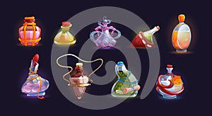 Magic bottle jars with potion. Isolated magic bottle jars with colorful liquids. Potion in glass bottles with poison, antidote photo
