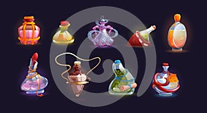 Magic bottle jars with potion. Isolated magic bottle jars with colorful liquids. Potion in glass bottles with poison, antidote