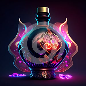 Magic bottle with love potion. Vector illustration in neon style on dark background Generative AI