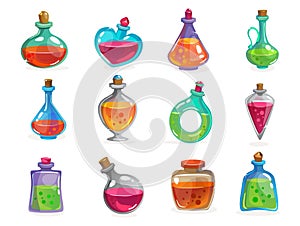 Magic bottles with potion set on white background photo