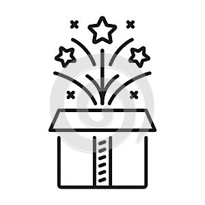 Magic box outline icon. Open gift box and magic stars Vector illustration