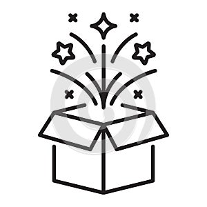 Magic box outline icon. Open gift box and magic stars Vector illustration
